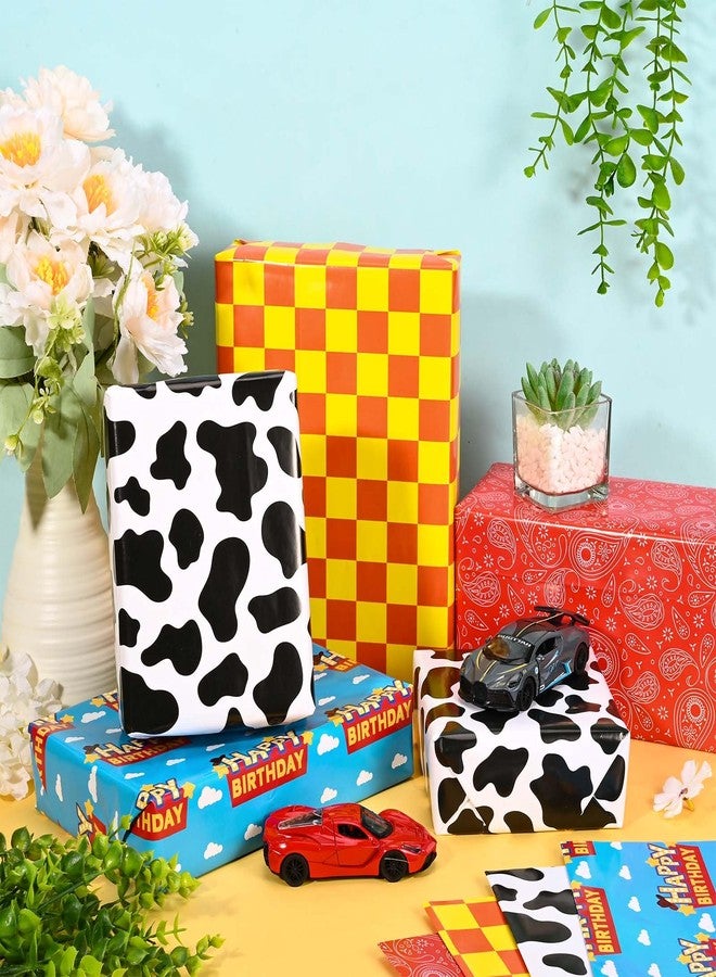 Bolsome 12Pcs Cartoon Story Gift Wrapping Paper, 19.7×27.6 inch, Cow Print Yellow Plaid Blue SKy Clouds Red Bandana Pattern Wrap Paper for Birthday Party Baby Showers Packaging Supplies - Image 4